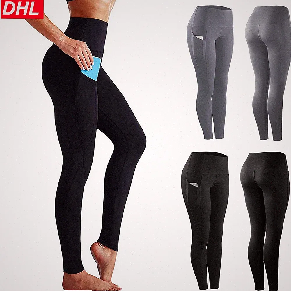 Damen Yoga Leggings Mit Taschen Gym Sporthosen Laufhosen Leggins Jogginghose DE