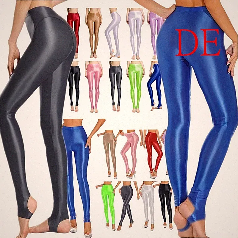 DE Damen hohe Taille glänzende Workout Yoga Sport Fitness Hosen Strumpfhose