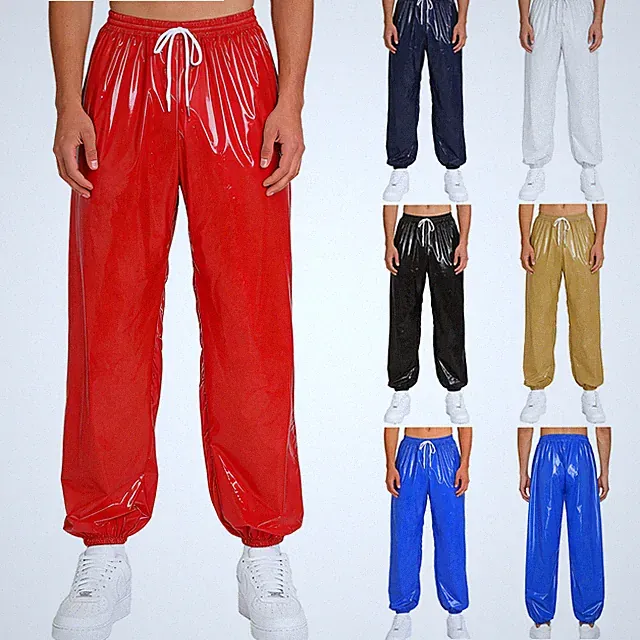 DE Herren Glänzende Trainingshose mit Kordelzug Wasserdicht Hose Jogginghose