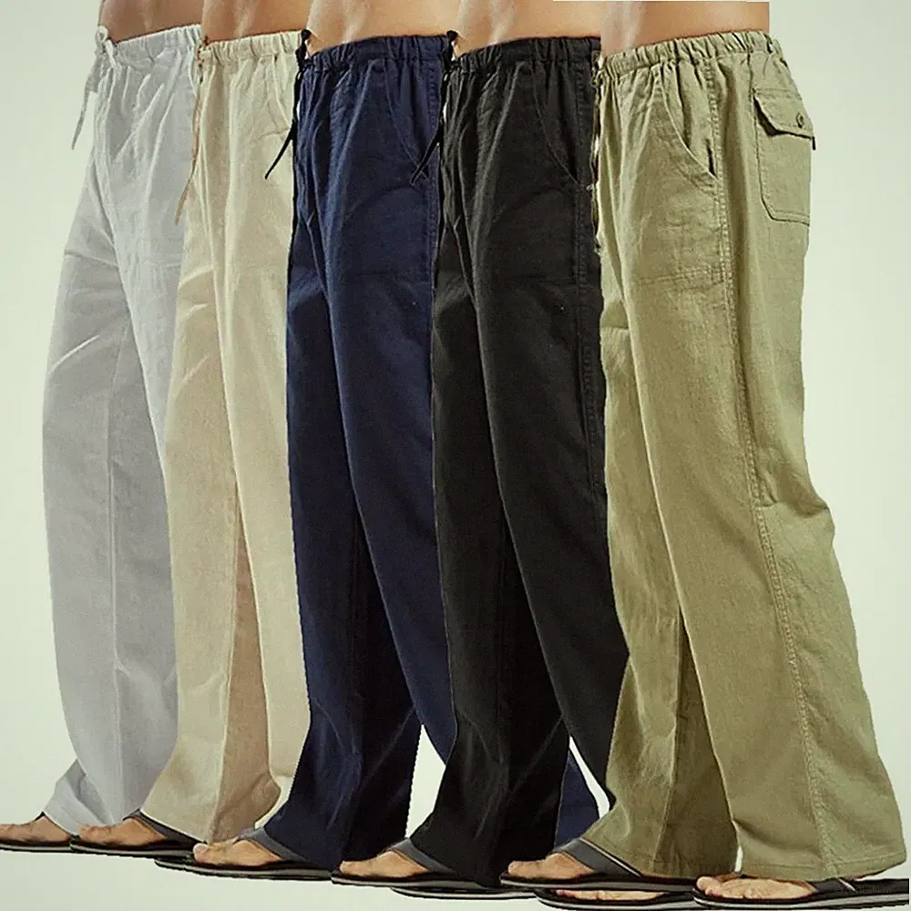 DE Herren Leinenhose Freizeit Kordelzug Stoffhose Fitness Jogginghosen polyester