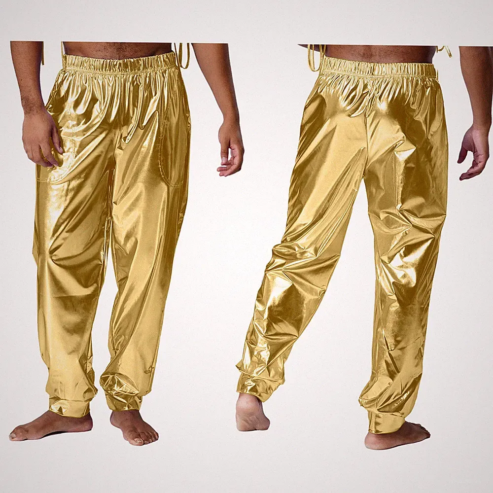 DE Herren Metallic Hose Lang Jogginghose Sporthose Hip Hop Disco Hippie Kostüm