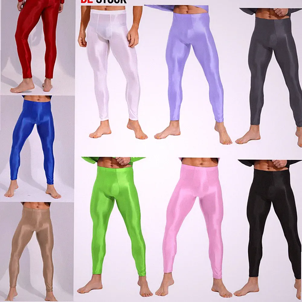DE Herren Sport Leggings Lange Laufhose Sporthose Sexy Glänzend Strumpfhosen