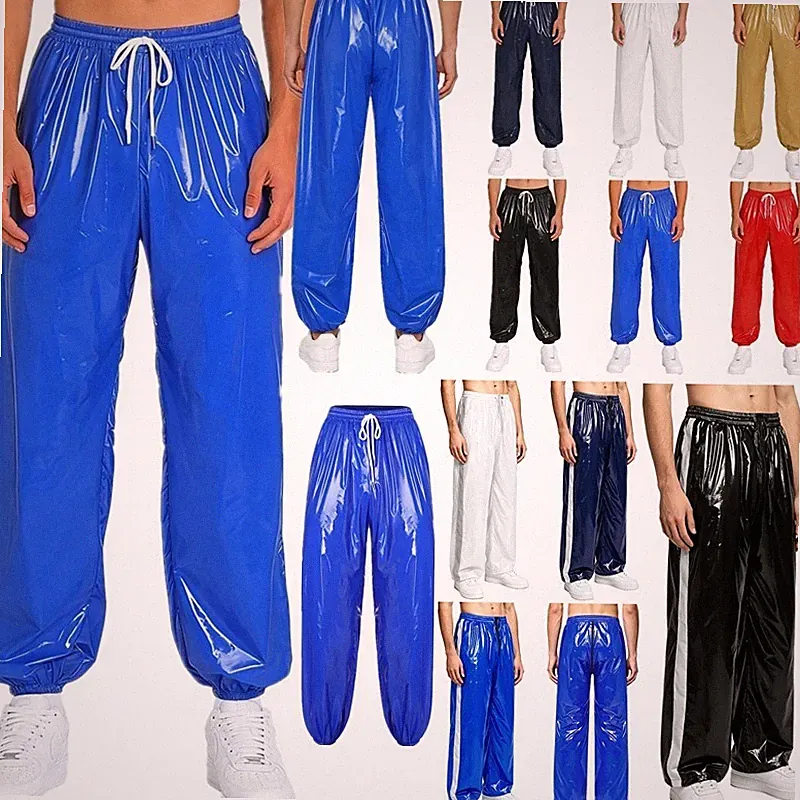 DE Herren Wetlook Sporthose Elastischer Bund Jogginghose Wasserdichte lange Hose
