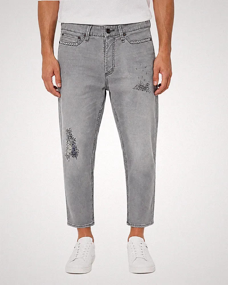 DENHAM Crop Low Crotch Herren Jeans Trousers W28 Grau Webmuster Verwaschen Print