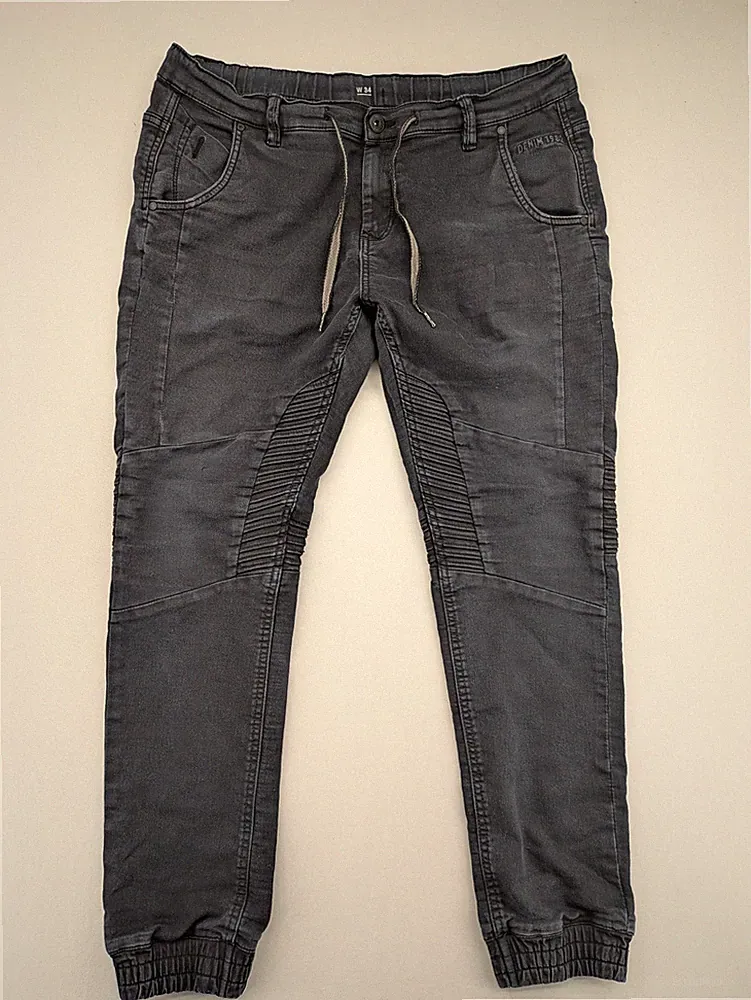 Denim 1982 Herren Jogginghose Jogger Jeans W34 Grau Stretch Biker Hose Kordelzug