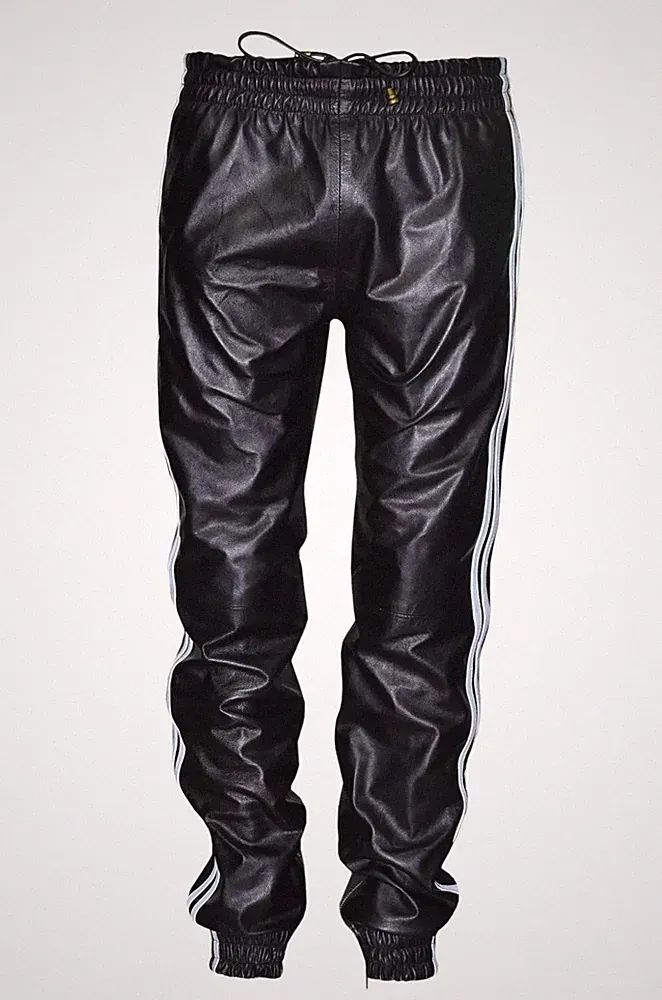 Designer Neu Herren Weiße Streifen Jogginghose Hose 100% Echt Lamm Biker Stil