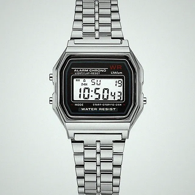 Digitaluhr Herren Edelstahl Retro LED Alarm Chrono Wasserdicht