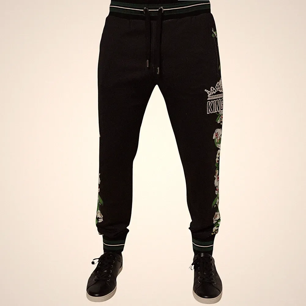 DOLCE & GABBANA Hose Schwarz Blumen King Herren Jogger Jogginghose IT46/W32/S...