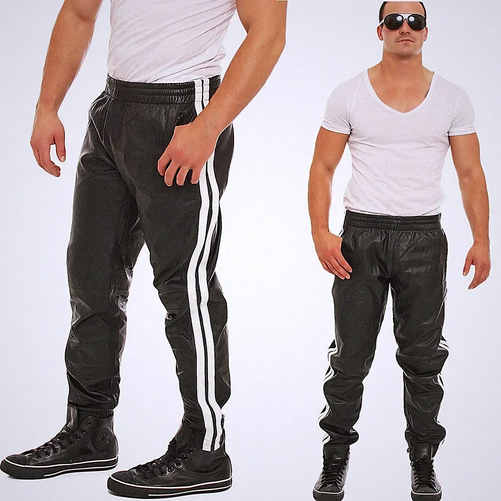 Echt Leder Hose Jogginghose weiches Rindsleder Nappaleder Tunnelbund schwarz wei