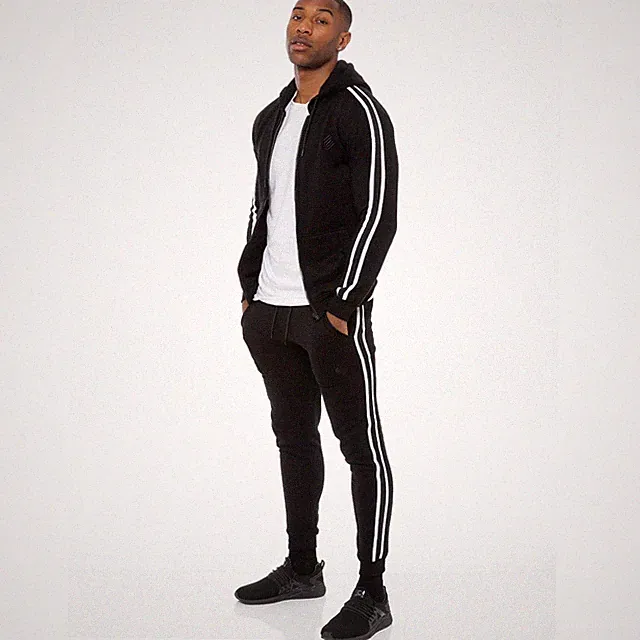 Enzo Herren Trainingsanzug Satz Gestreift Reißverschluss Kapuze Jogger Gym Hose