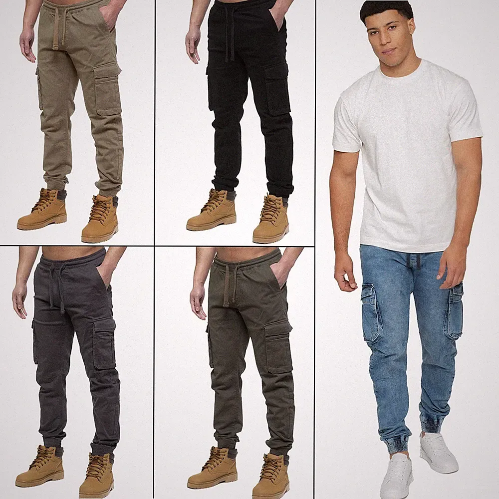 Enzo Jeans Herren Cargo Combat Jogginghose Freizeit Gummizug Arbeitshose