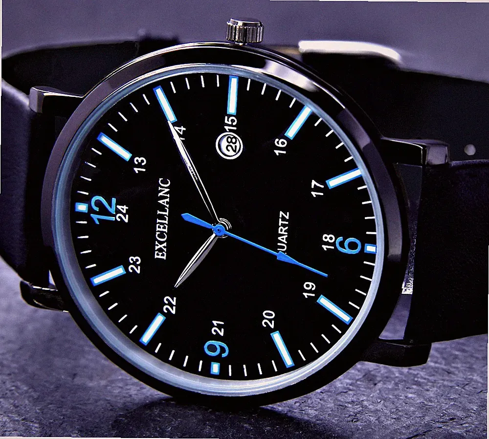 Excellanc Quarz Herren Armband Uhr Schwarz Blau Datumsanzeige Leder EIG-11