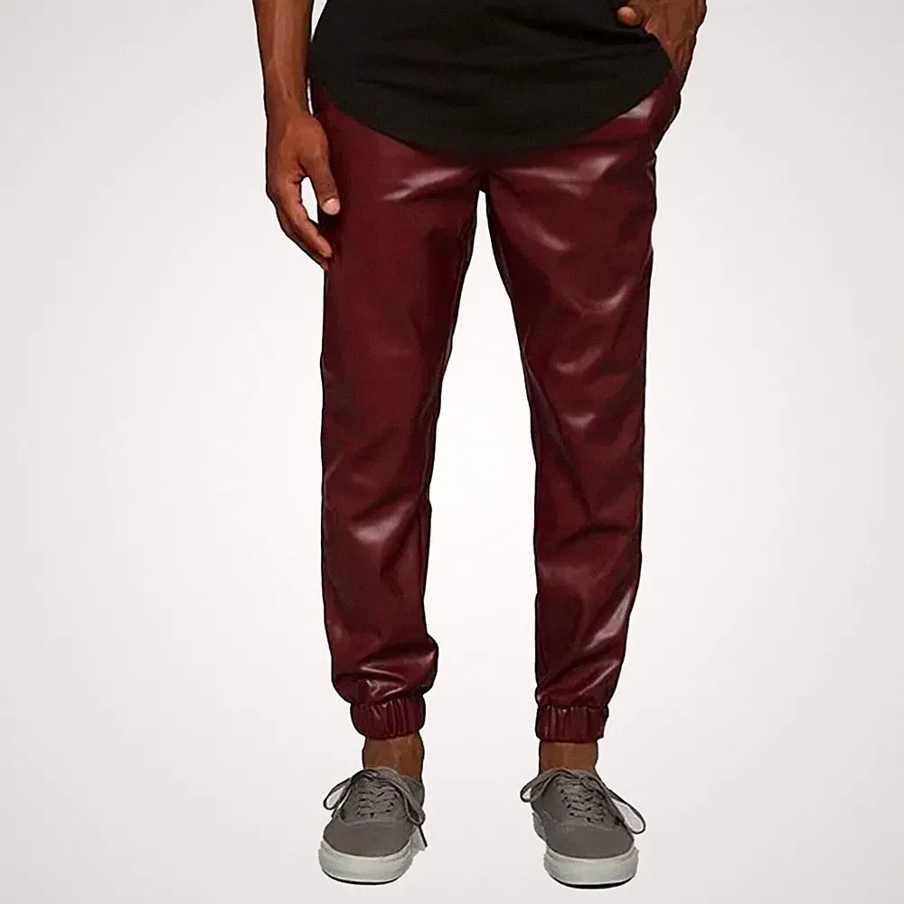 FashionNLeather Herren Dunkelrote Leder Sweatpants, Slim Fit