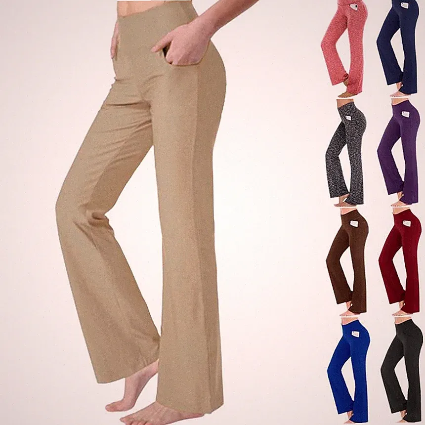 Fitnesshose Damen Hohe Taille Bootcut Yogahose mit Taschen Jogginghose Sporthose