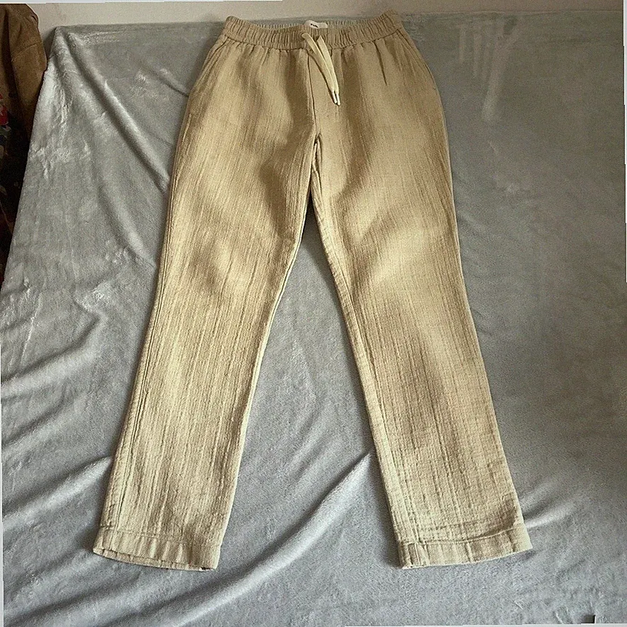 Folk Hose Herren Small W28-32 L29 beige Kordelzug gewebt Baumwolle gerades Bein