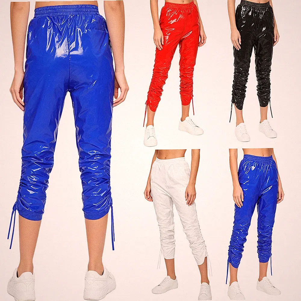 Frauen Gerüschte Capri Leicht Wasserdichte Hose Tanzen Leistung Baggy Glänzend