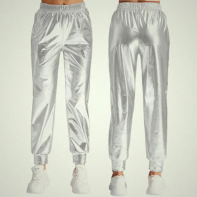 Frauen Jogginghose High Waist Haremshose Metallic Lässige Weitem Bein Glänzende