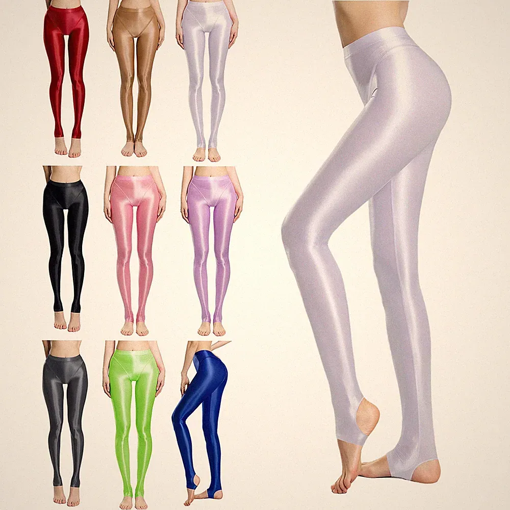 Damen Ölig Glanz Leggings Glänzende Strumpfhose Blickdicht Mit Steg Stretch Yoga