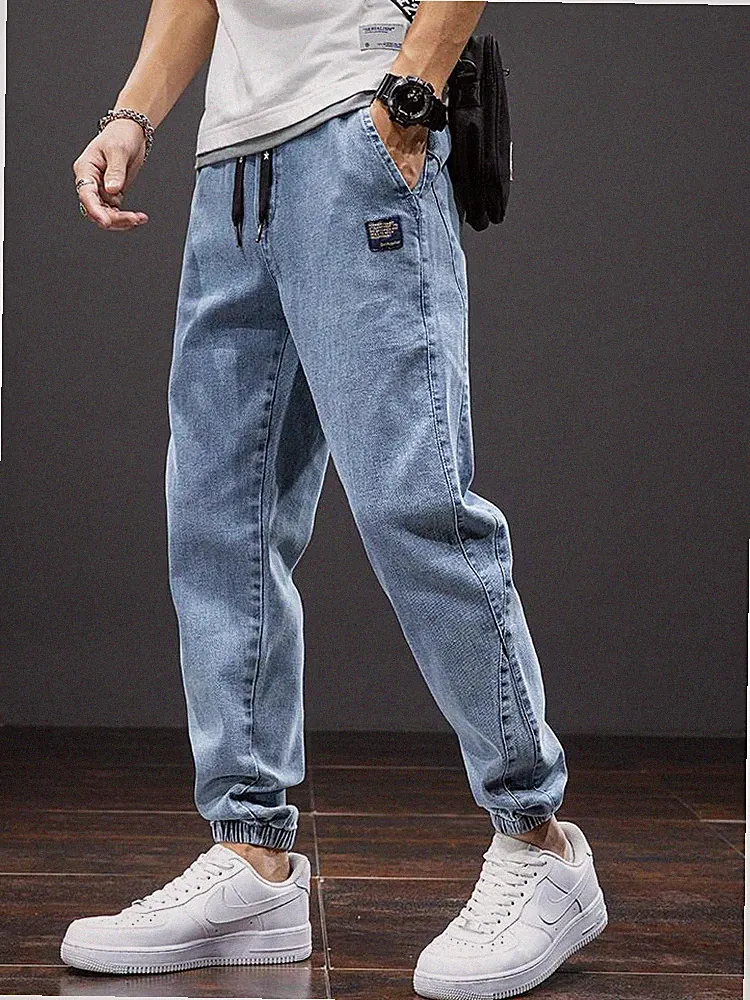 Frühling Sommer Cargo Jeans für Herren - schwarz/blau Denim Jogginghose, Streetwear Ha