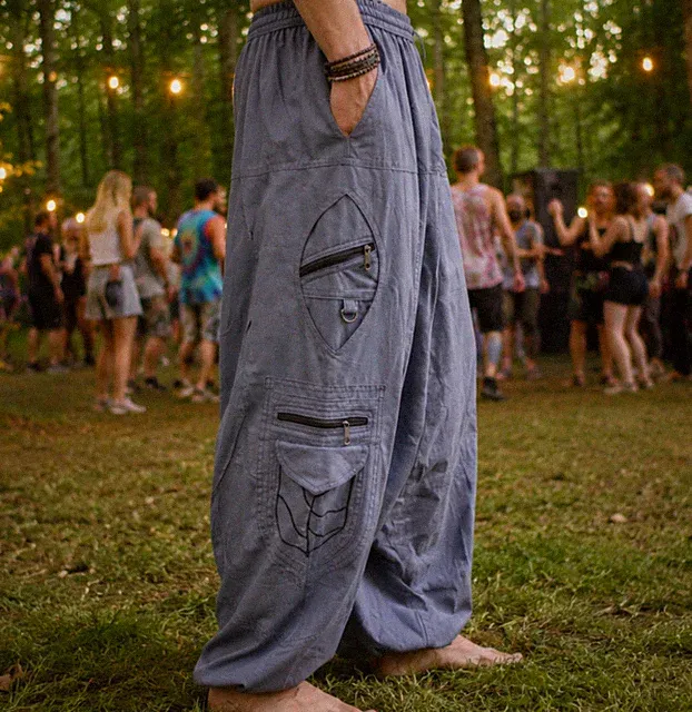 Goa Haremshose mit dickem Baumwollstoff und vielen Taschen, Festivalhose
