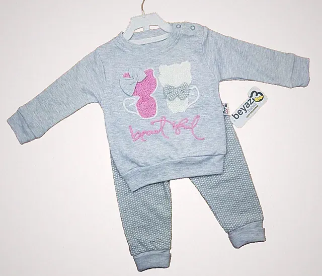 Gr 74 Jogginganzug, Schlafanzug, Baby Mädchen Grau 2 Kätzchen 2 teilig Schleifen