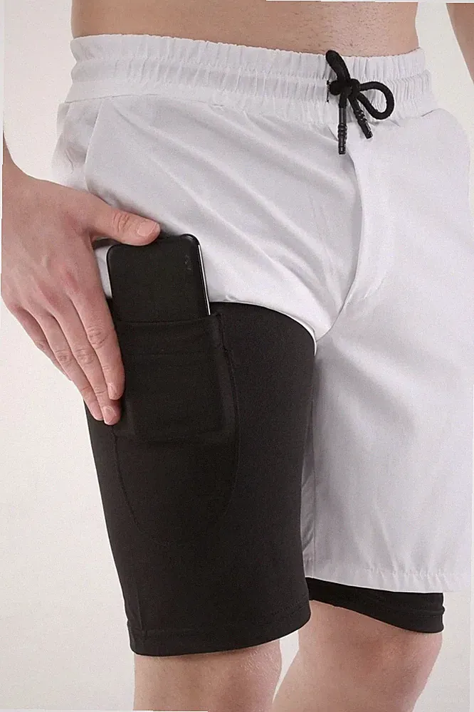 Herren 2-in-1 Funktionsshorts mit Innenhose Fitness Gym Laufshorts Handytasche