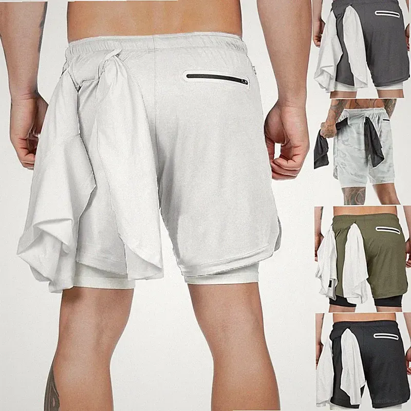 Herren 2 in 1 Laufshorts Fitness Kurzhose Atmungsaktiv Shorts mit Handytasche