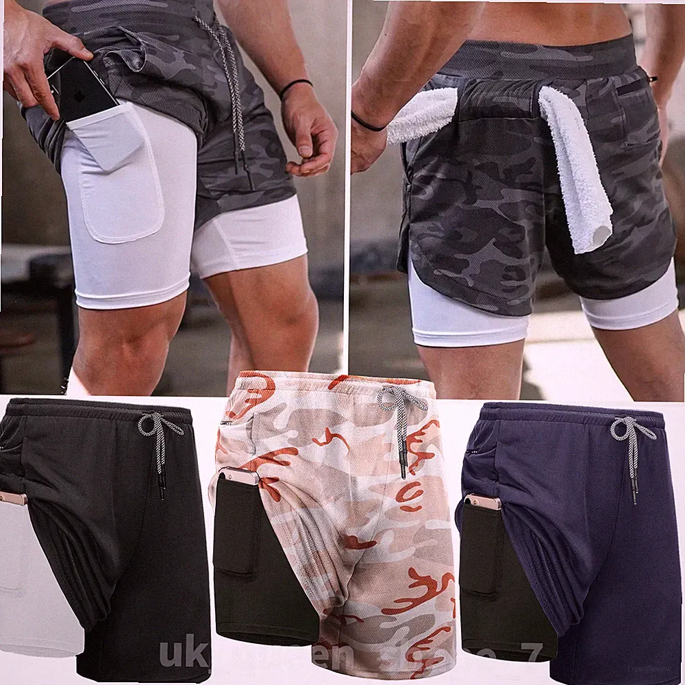 Herren 2 in 1 Laufshorts Fitness Training Kurzhose Sports Shorts mit Handytasche