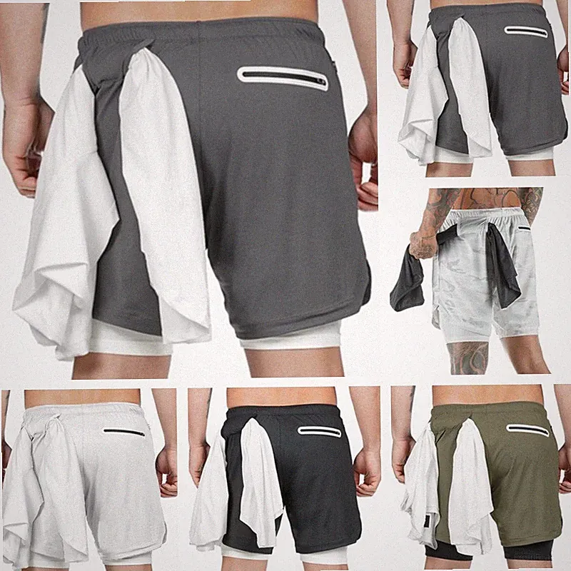 Herren 2 in 1 Laufshorts Running Fitness Kurz Jogginghose SportShorts mit Tasche