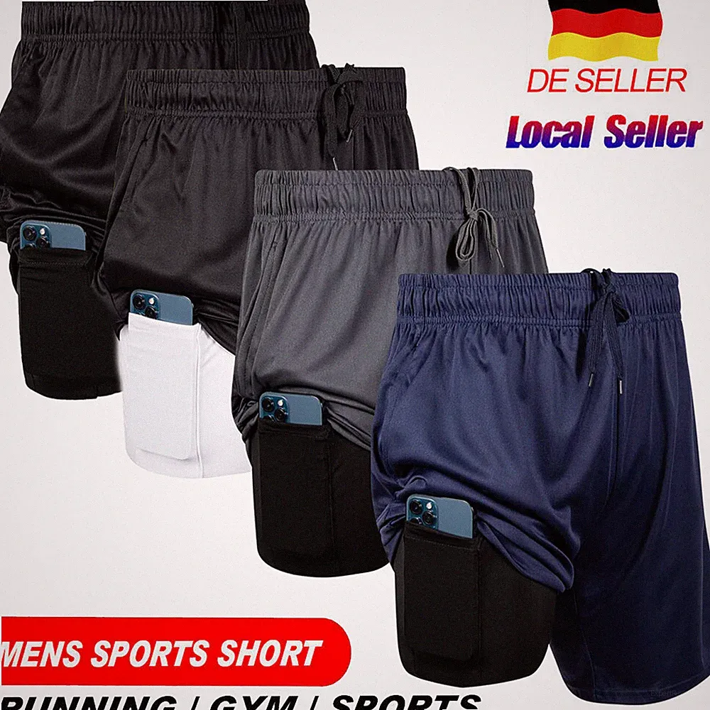 Herren 2 in 1 Laufshorts Running Fitness Kurzhose Sports Shorts mit Handytasche