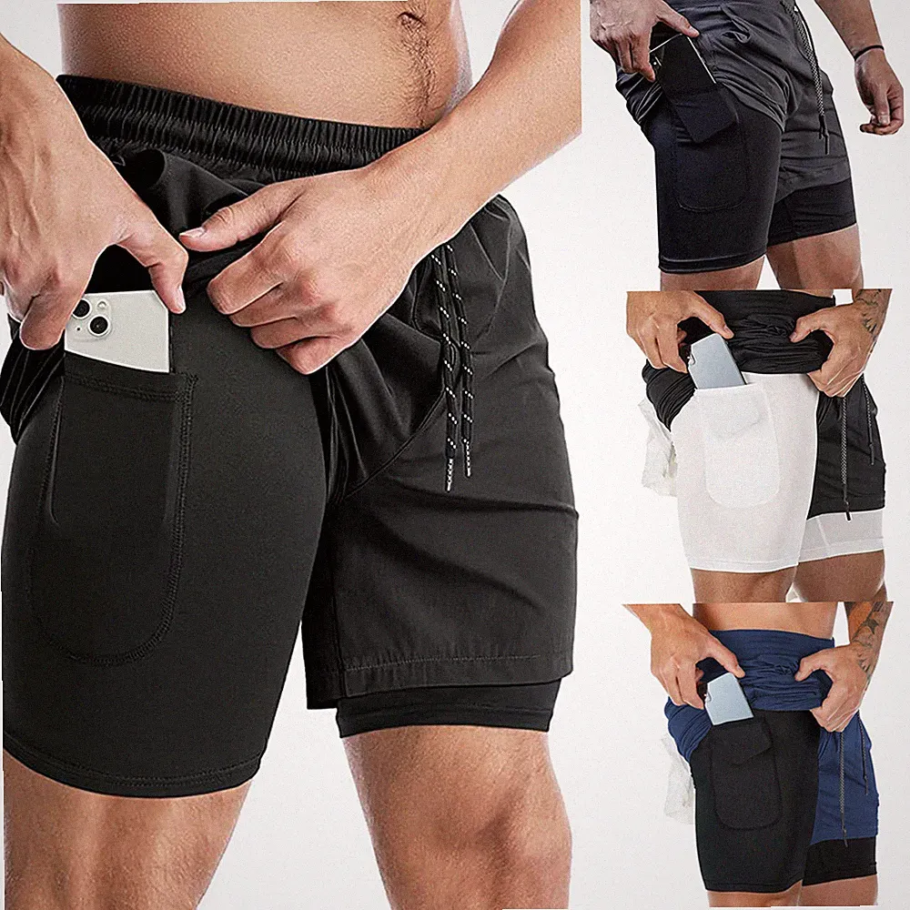 Herren 2 in 1 Laufshorts Running Fitness Kurzhose Sweat Shorts mit Handytasche