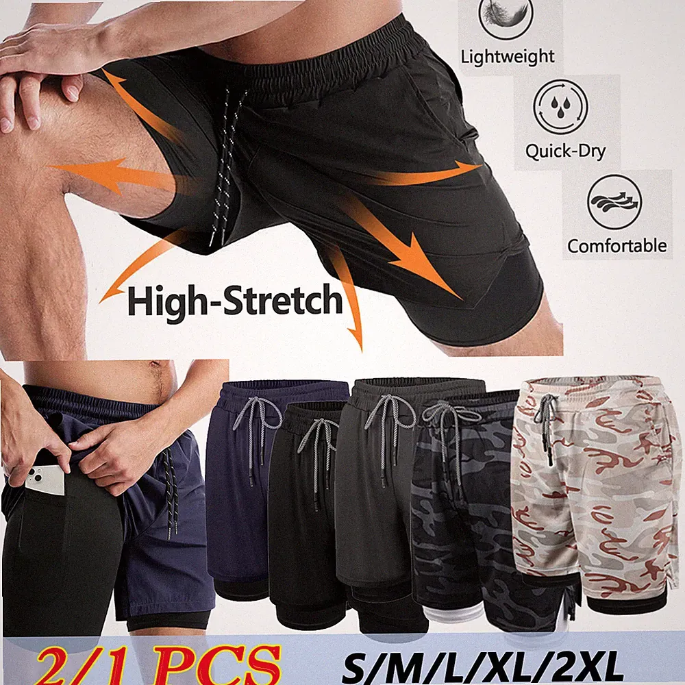 Herren 2 in 1 Shorts Fitness Kurz Jogginghose Laufhose mit Taschen Gym Sporthose