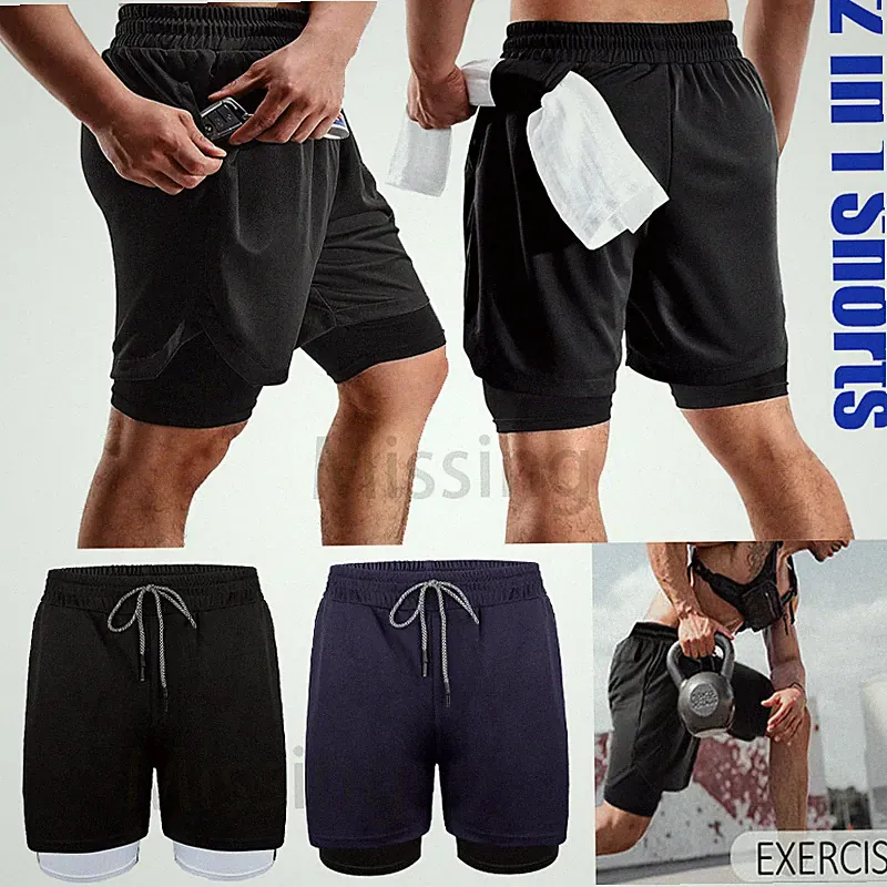 Herren 2 in 1 Shorts Fitness Sporthose Kurz Jogginghose Gym Laufhose mit Taschen