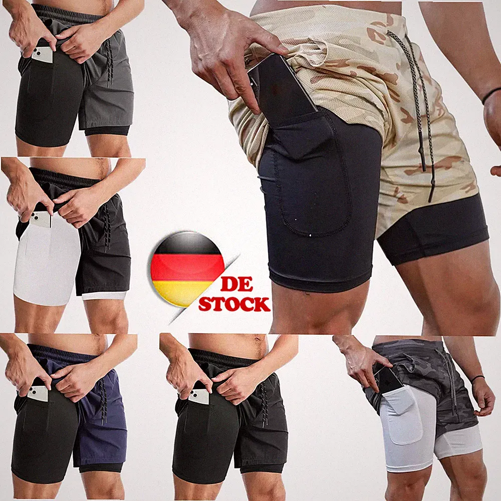 Herren 2 in 1 Shorts Fitness Sporthose Kurz Jogginghose Laufhose mit Sport Gym