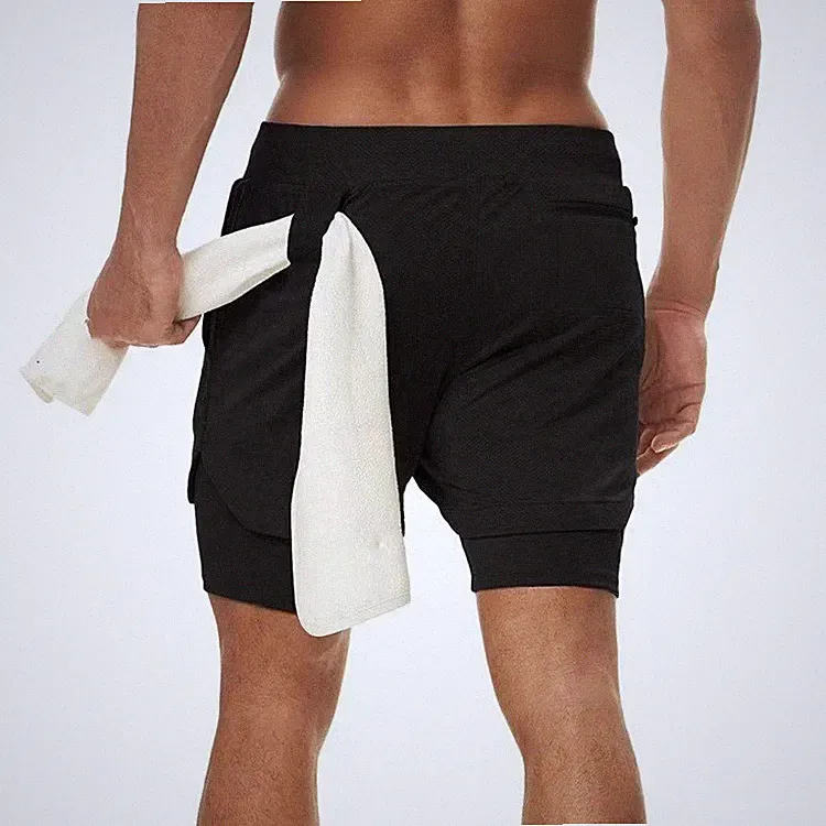 Herren 2 in 1 Shorts Fitness Sporthose Kurz Jogginghose Laufhose mit Taschen Gym