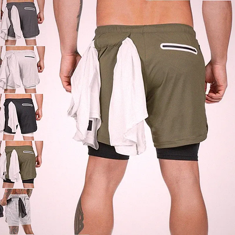 Herren 2 in 1 Shorts Fitness Sporthose Kurz Jogginghose Laufhose mit Taschen Gym