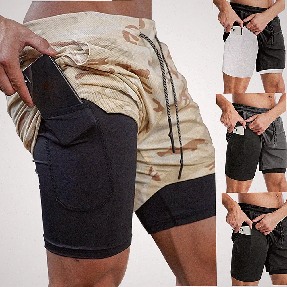 Herren 2 in 1 Shorts Running Sporthose Kurz Jogginghose Laufhose mit Taschen Gym