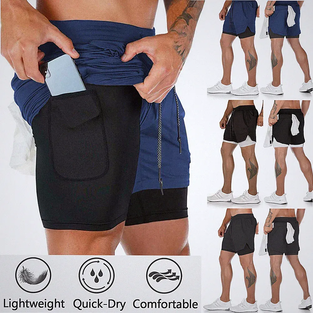 Herren 2 in 1 Shorts Sporthose Kurz Jogginghose Laufhose mit Taschen Gym 1-2 PCS