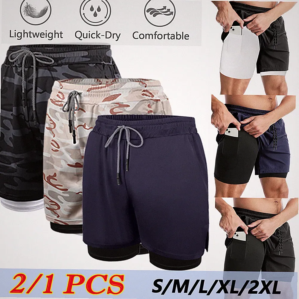Herren 2 in 1 Shorts Sporthose Kurz Jogginghose Laufhose mit Taschen Gym Fitness
