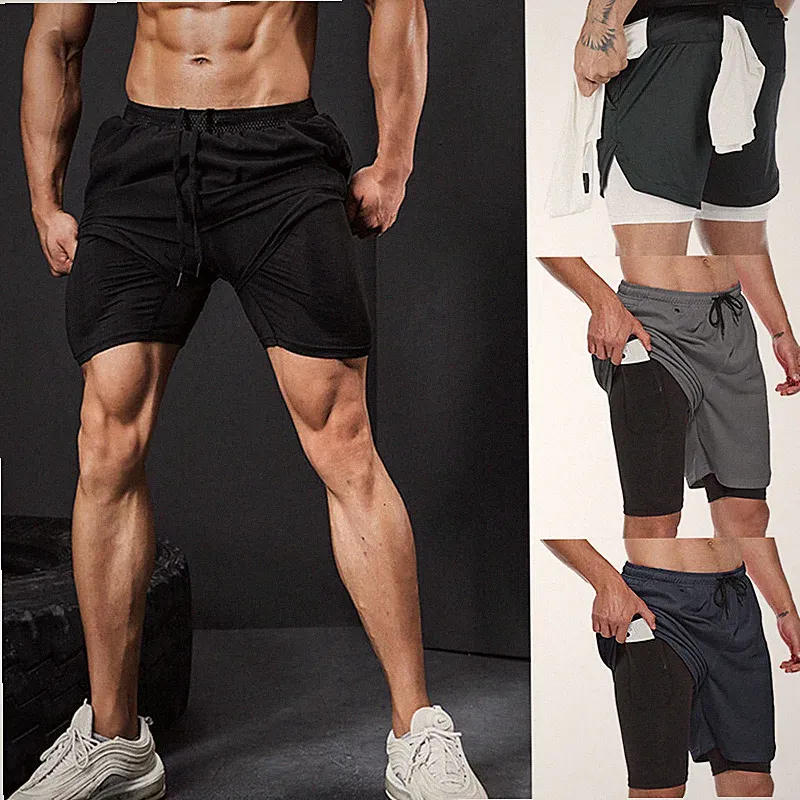 Herren 2 in 1 Shorts Sporthose Kurz Jogginghose Laufhose mit Taschen Gym Shorts