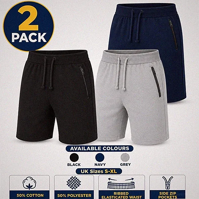 Herren 2er Pack Fleece Shorts Gym Jogginghose Reißverschlusstaschen Gummibund S-XL