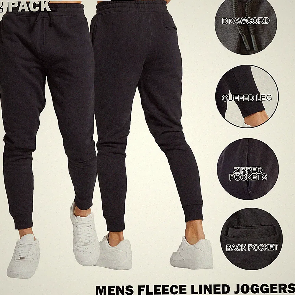 Herren 2er Pack Slim Fit Fleece Jogginghose Jogging Gym Skinny Sweathose Reißverschlusstaschen