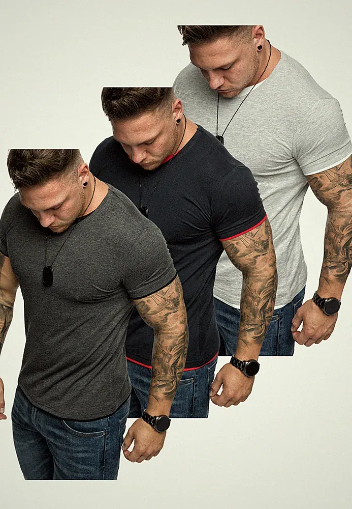 Herren 3er-Pack T-Shirt Doppel Oversize Farbig Slim-Fit Crew Neck Basic 3-0001