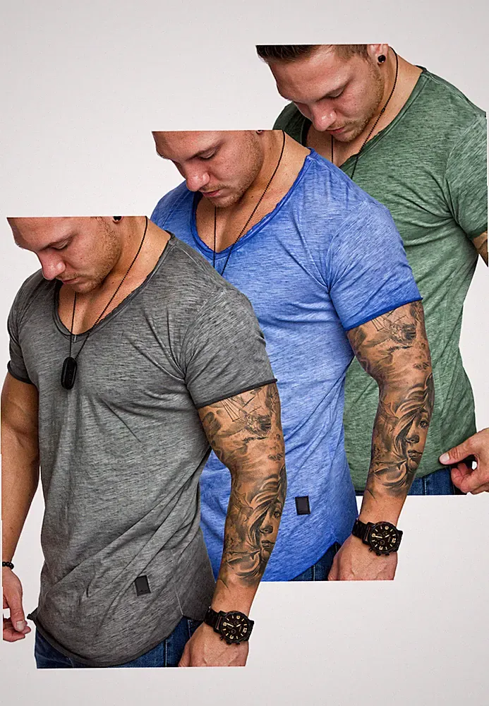 Herren 3er-Pack T-Shirt Vintage Oversize Verwaschen V Basic V-Ausschnitt 3-6034