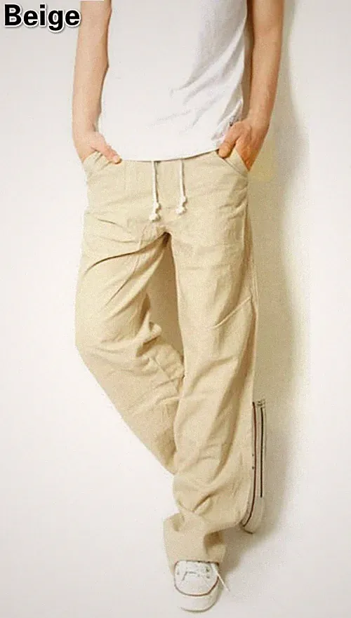 Herren Atmungsaktive Leinen Casual Hose Locker Passform Harem Ethnisch Kordelzug