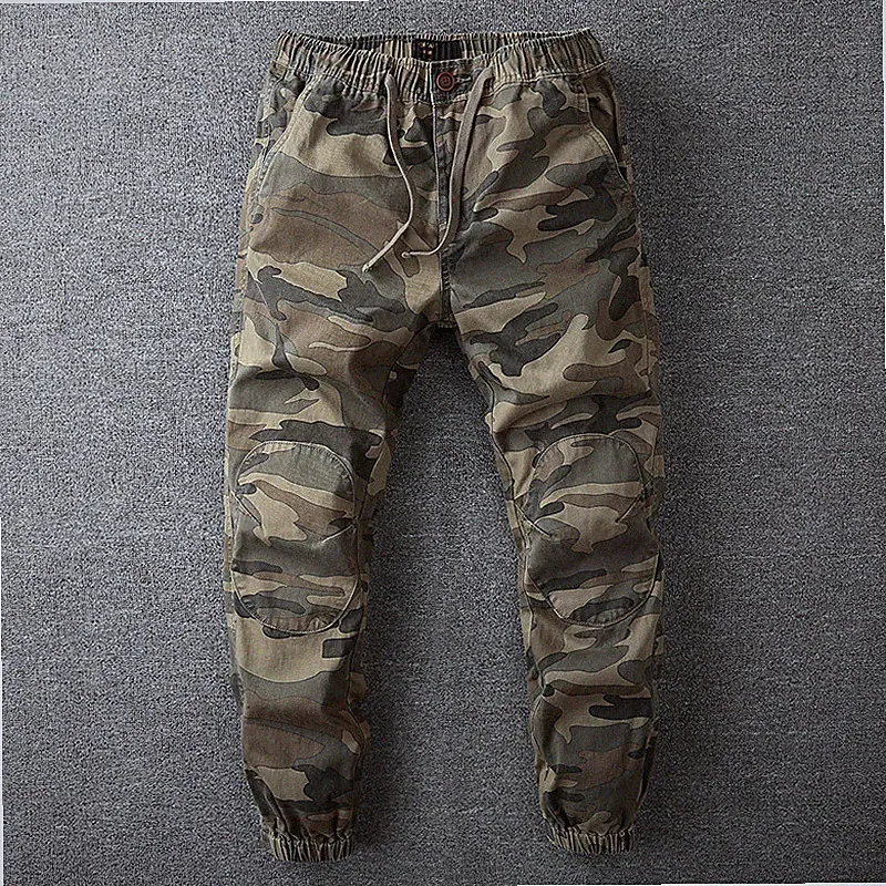 Herren Baumwolle Cargohose Konisch Tarnmuster Militär Jogginghose Gummibund