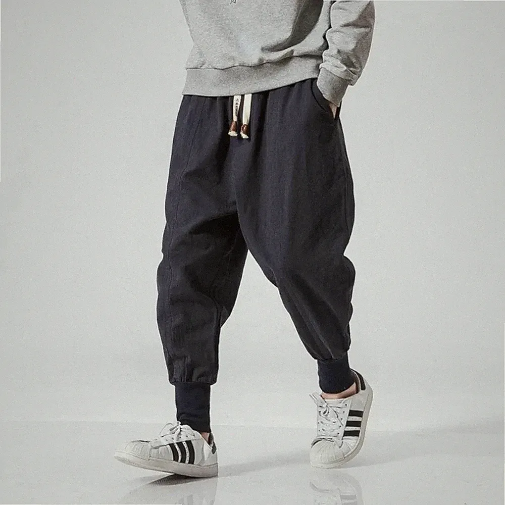 Herren Baumwolle Leinen Haremshose Baggy tiefer Schritt Jogginghose Streetwear Freizeithose