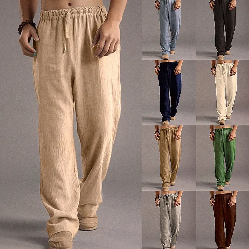 Herren Baumwolle Leinen Haremshose Freizeit Locker Weites Bein Unterteil Hose Jogginghose
