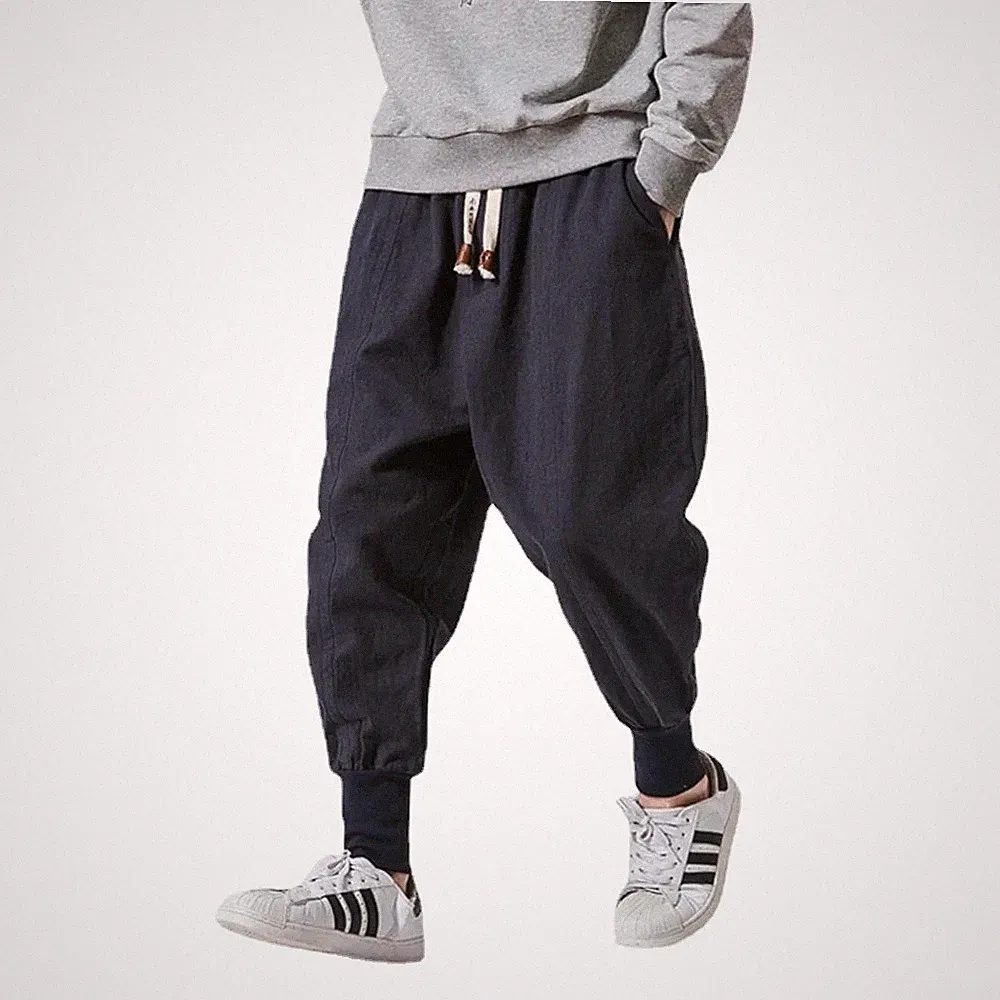 Herren Baumwolle Leinen Haremshose Lockere Passform Freizeithose Baggy Jogginghose