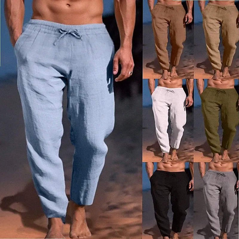 Herren Baumwolle Leinen Hose Elastischer Bund Hose Yoga Freizeit Kordelzug Unterteil
